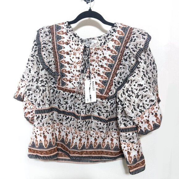 Bailey 44 100% Cotton Printed Boho Blouse Size XL Ruffled Puff Sleeve Retro NWT - Picture 1 of 4